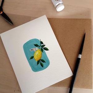 Originele handgeschilderde gouache verf, citroen, fruit, voedsel illustratie, keuken kunst, blanco groet, Dank geven, Dank u kaart 4.25 "x5.5"