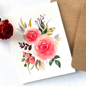 Original Acuarela pintada a mano Rosas rojas, acuarela floral, rojo, Aniversario, Amor, cumpleaños, Día de San Valentín, Tarjeta de boda 4.25"x5.5"
