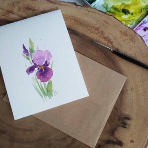 オリジナルの手描き水彩画の紫色のアイリスの花、お悔やみ、空白の挨拶、お大事に、誕生日、サンキューカード 4.25"x5.5"