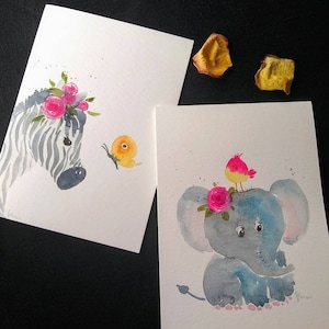 Ensemble de 2_5 « x7 », Aquarelle originale peinte à la main Éléphant et Oiseau, zeebra, salutation vierge, boho, Anniversaire d’enfant, Cartes de nouveau-né, jumeaux