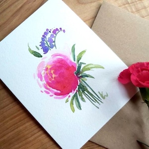 Aquarelle originale peinte à la main, pivoines roses, floral, merci, fête des mères, anniversaire, carte de voeux vierge 4,25 x 5,5 pouces