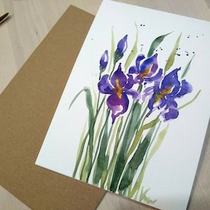 5 x 7 po. Aquarelle originale peinte à la main, fleur d'iris bleu, voeux vierges, carte de sympathie, anniversaire, merci, carte de voeux florale