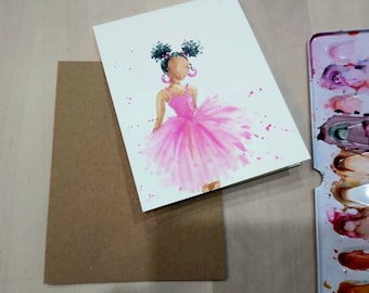 Original Hand painted Watercolor, little Ballerina, tutu, curly hair , dancing girl, pink , blank greeting  card 4.25"x5.5"