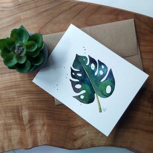 Original peint à la main Aquarelle feuille tropicale, feuille verte, été, salutation vierge, Remerciements, Merci, carte 4.25 « x5.5 »