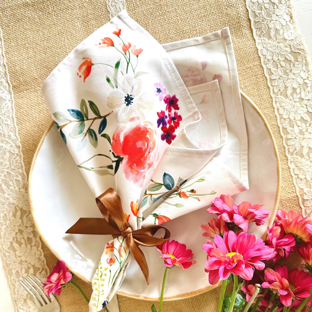 Set of 4- Organic Cotton Fabric Dinner Napkins, Floral Dinner Napkins ...