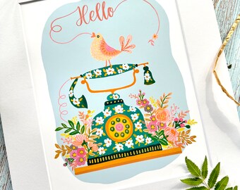 Art print, wall art, Hello, vintage phone art, mint green, entryway art, house warming gift, folk art