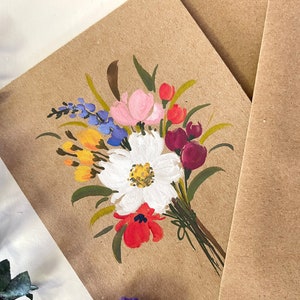 Set de 3-Original Hand painted colorful floral racim, gracias, saludo en blanco cards_ 4.5 "x 5.5" - Marrón rústico