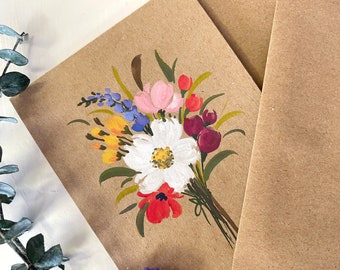 Set of 3-Original Hand painted   colorful floral bunch , thank you , blank greeting cards_ 4.5"x 5.5" - Rustic Brown