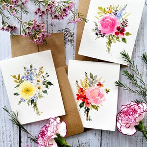 Set van 3 originele handgeschilderde aquarel bloemen, Moederdag, verjaardag blanco wenskaarten 4,25 "x 5,5"