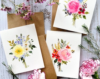 Set of 3 Original Hand painted Watercolor Floral, Mother's Day, birthday blank  greeting cards 4.25"x5.5"