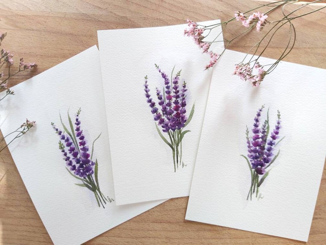 Set of 3, 5"x7" Original Hand Painted Watercolor Illustration, Lavender ...