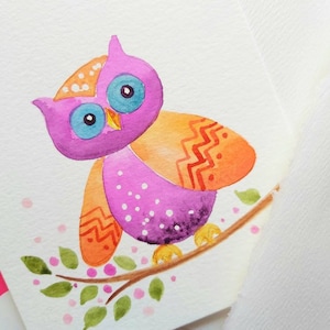 Ensemble de 2_Original aquarelle peinte à la main, violet, cartes de vœux vierges sarcelle Owl, anniversaire de l’enfant, nouveau-né, art mural de la crèche 4.25 « x5.5 »