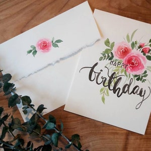 Original-Aquarell, Blumen, Rose, handgemalt, Geburtstagskarte, Grußkarte mit Pinsel, Initialen 10,5x14cm