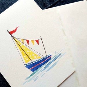 Bateau à voile aquarelle peint à la main original, salutation vierge, anniversaire de garçons, nautique, anniversaire d'enfant, cartes de bébé nouveau-né, garçon 4.25"x5.5"