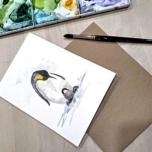 5 x 7 po. Pingouin aquarelle original peint à la main, voeux vierges, anniversaire d'enfant, oeuvre d'art pour chambre d'enfant, père et fils, nouveau-né, carte de fête des pères
