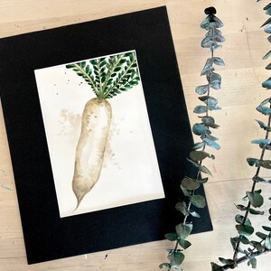 5x7 Original Hand painted watercolor white daikon radish, Vegetable wall art, root vegetables, Kitchen art, modern country kitchen