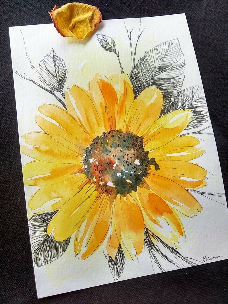 yellow sunflower cheerful home decor wall art 5x7 Original Hand painted watercolor
