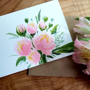 Original handgemaltes Aquarell, Blumenstrauß Pfingstrosen, Dankeschön, Muttertag, Geburtstag, Blanko Grußkarte 11x14cm