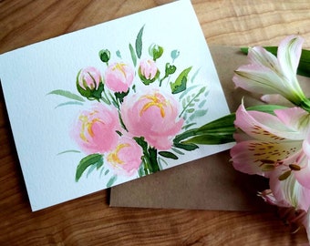 Original Hand painted Watercolor, bunch of peonies, floral,  Thank you,mother's  day, birthday, blank greeting card 4.25"x5.5"