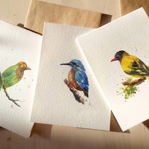3 枚セット - オリジナルの手描き水彩画、鳥のアート、イラスト、鳥、ギフトパック、誕生日、空白の挨拶、サンキューカード 4.25"x5.5"