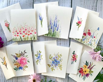 Set of 6 Original Hand painted Watercolor Floral, Mother's Day, birthday blank greeting cards set with matching envelopes 4.25"x5.5"