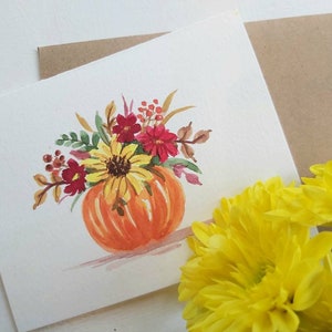 Aquarelle originale peinte à la main, feuilles d'automne, composition florale, halloween, action de grâces, citrouille, carte de voeux vierge 4,25 x 5,5 po