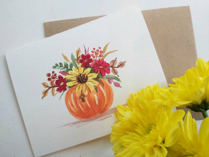 thanksgiving Original hand painted  watercolor pumpkin blank greeting card 4.25x5.5 halloween Floral arrangement fall leaves