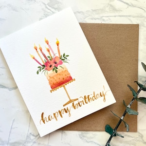 Original Hand painted Watercolor, birthday cake, pink, peach, gold, birthday card, blank greeting  card 4.25"x5.5"