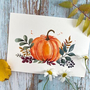 Art original de citrouille peint à la main, citrouille, décoration d'action de grâces, halloween, carte d'art d'action de grâces 5 "x 7"