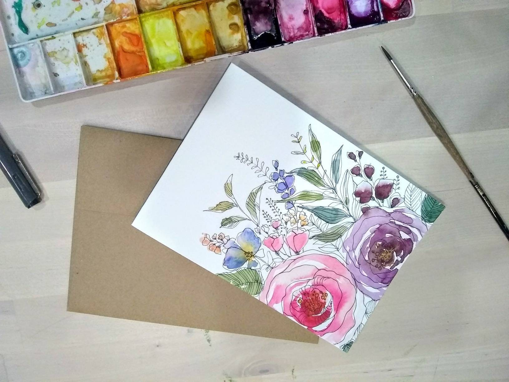 5"x7" Original Hand Painted Watercolor Rose, Floral Blank Greeting Card ...