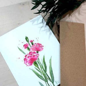 Aquarelle originale peinte à la main, rose, oeillet, art floral, botanique, voeux vierges, guérissez bientôt, anniversaire, merci, 4,25 x 5,5 pouces