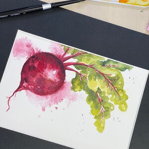 5x7 Original pintado a mano acuarela raíz de remolacha, Arte de pared vegetal, tubérculos, Arte de cocina, cocina campestre moderna