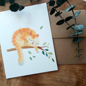 Original Hand painted, cute cat, Watercolor kitten , cat, orange cat, sleeping cat, pet, cat love, animal art, greeting card 4.25"x5.5"