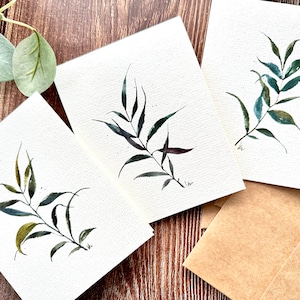 Set van 3_Original handgeschilderde aquarel groene bladeren, Blanke groet, Verjaardag, Dank u kaarten 4.25 "x5.5"