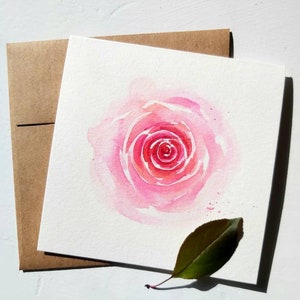 Origineel handgeschilderd, vierkant, aquarel, roze, rode roos, bloemen, verjaardag, Valentijnsdag, jubileum, blanco wenskaart 4,75 x 4,75