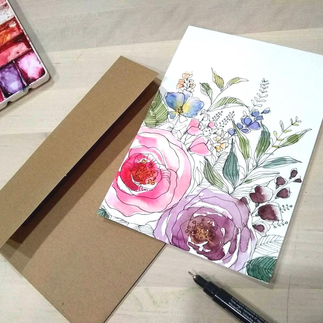 5"x7" Original Hand Painted Watercolor Rose, Floral Blank Greeting Card ...