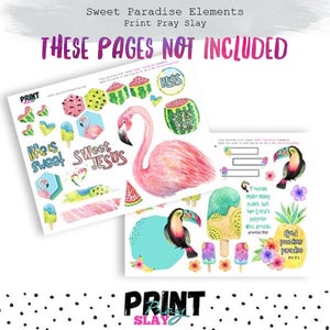 Puede incluir: Dos hojas de pegatinas con ilustraciones de acuarela. Una hoja presenta un flamenco rosa, rodajas de sand&iacute;a y el texto "Sweet Jesus". La otra incluye tucanes, helados y el texto "God promises paradise."