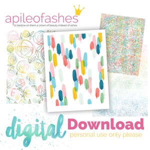 Op de afbeelding: Digitale download met drie kleurrijke abstracte ontwerpen. Eén ontwerp heeft een verenpatroon in roze, blauw en geel. Een ander heeft een bloemenschets en de derde heeft een gespikkeld patroon. Het woord "digital" is in teal, en "Download" is in roze.