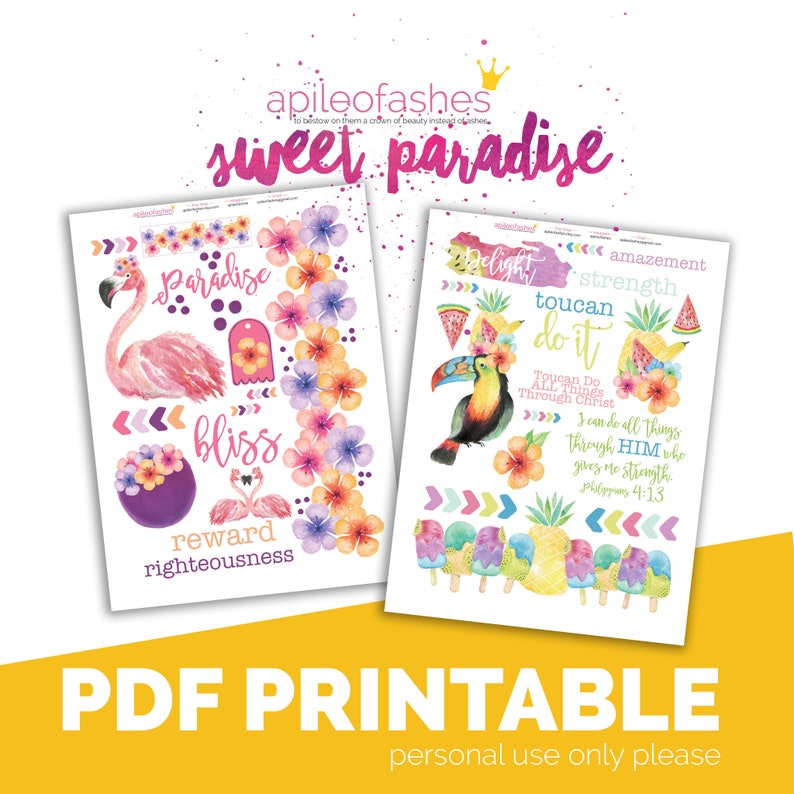 Puede incluir: Dos hojas imprimibles en PDF con tem&aacute;tica tropical. Una presenta un flamenco rosa, la palabra "paradise" y detalles florales. La otra hoja tiene un tuc&aacute;n, pi&ntilde;a y el texto "toucan do it".