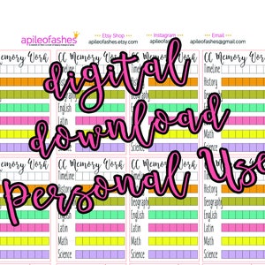 Puede incluir: Hojas de planificación imprimibles para descarga digital, con "CC Memory Work" y asignaturas como Cronología, Historia y Ciencias. El texto "digital download personal use" está escrito en rosa en la imagen.