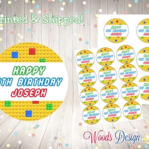 Building Bricks Blocks // Personalized // Printed & Shipped // Thank You Birthday Stickers // Choice of Size // Round Favor Label