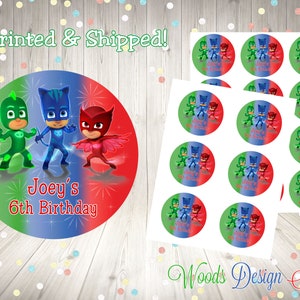 PJ Masks Stickers, Personalized, Printed & Shipped, Thank You Birthday Stickers, Choice of Size, Round Favor Label, Fast Shipping