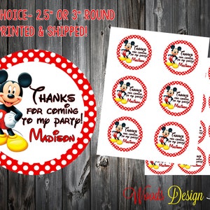 Mickey Mouse // Personalized // Printed & Shipped // Thank You Birthday Stickers // Choice of Size // Round Favor Label