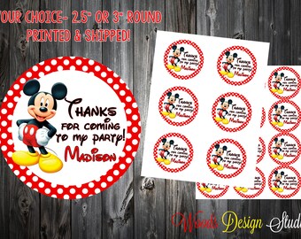 Mickey Mouse // Personalized // Printed & Shipped // Thank You Birthday Stickers // Choice of Size // Round Favor Label