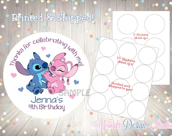 Stitch Lilo Angel Birthday Stickers, Personalized Round Sticker Labels for Party Favors & Gift Bags