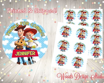 May include: A set of 12 round stickers featuring Woody and Jessie from Toy Story. The stickers are white with a blue background and clouds. The text "Thanks for coming!" is written in a red banner with the name "Jennifer" below.