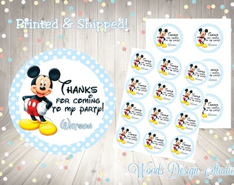 Mickey Mouse Blue // Personalized // Printed & Shipped // Thank You Birthday Stickers // Choice of Size // Round Favor Label