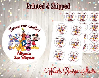 Mickey and Friends Birthday Stickers Personalized Round Labels for Party Favors and Treat Bags