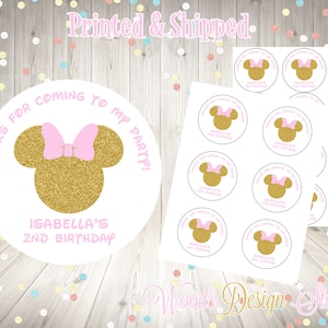 Minnie Mouse Sticker, Personalized, Printed & Shipped, Thank You Birthday Stickers, Choice Size, Round Favor Label, Baby Shower, Fast Ship