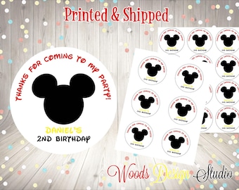 Mickey Mouse Birthday Favor Stickers, Personalized Thank You Party Labels, Custom Name Round Party Favors